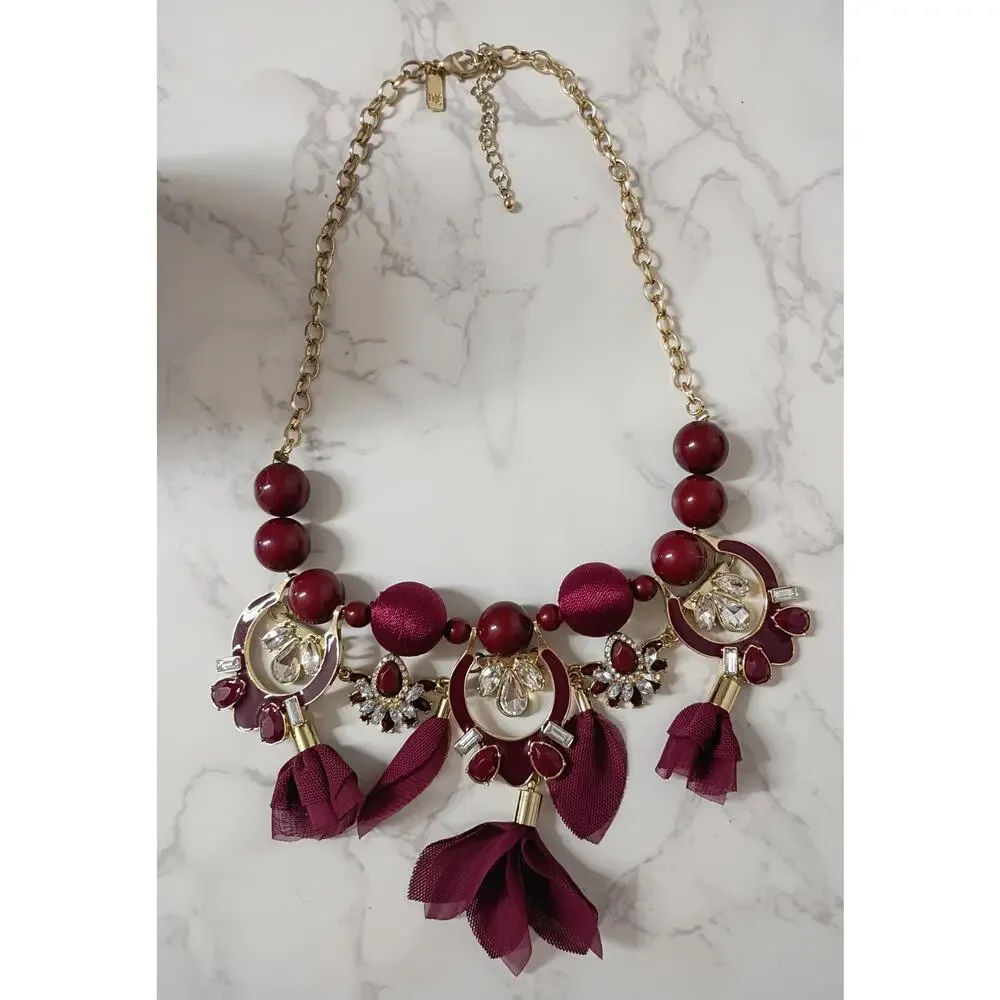 INC. International Concepts Burgundy Tassel & Crystals Gold Necklace - NWOT